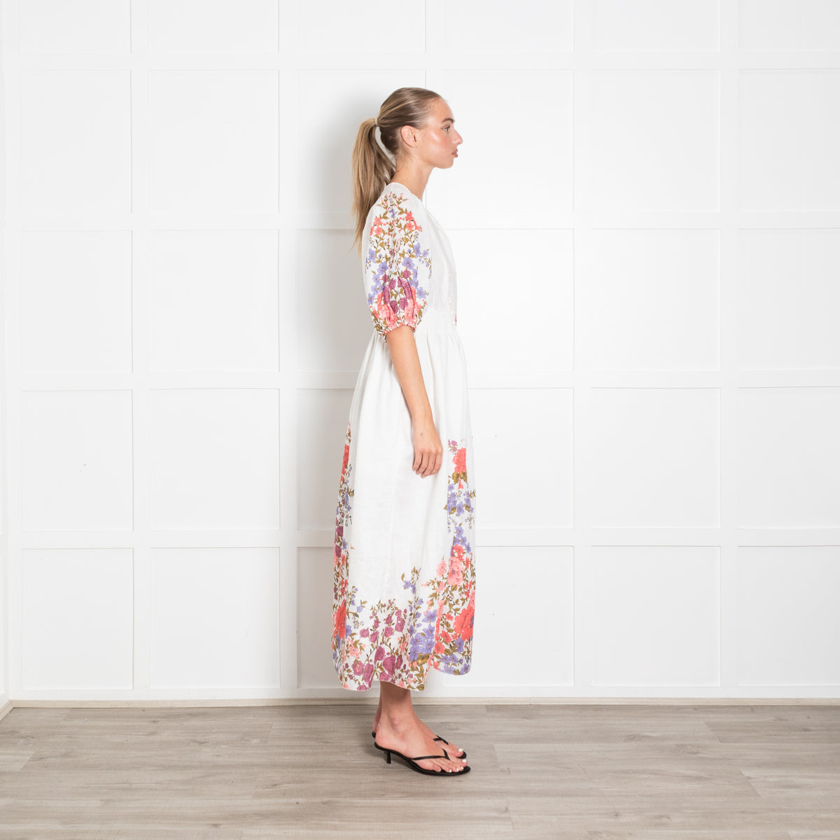 Zimmermann White Linen Midi Dress with Pink and Purple Floral Trim
