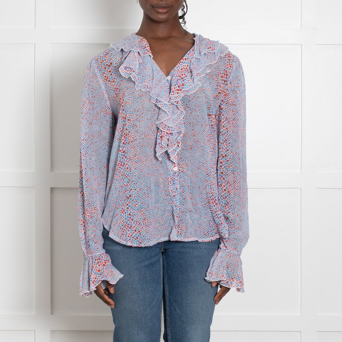 See By Chloe Heart Print Ruffle Front Blouse