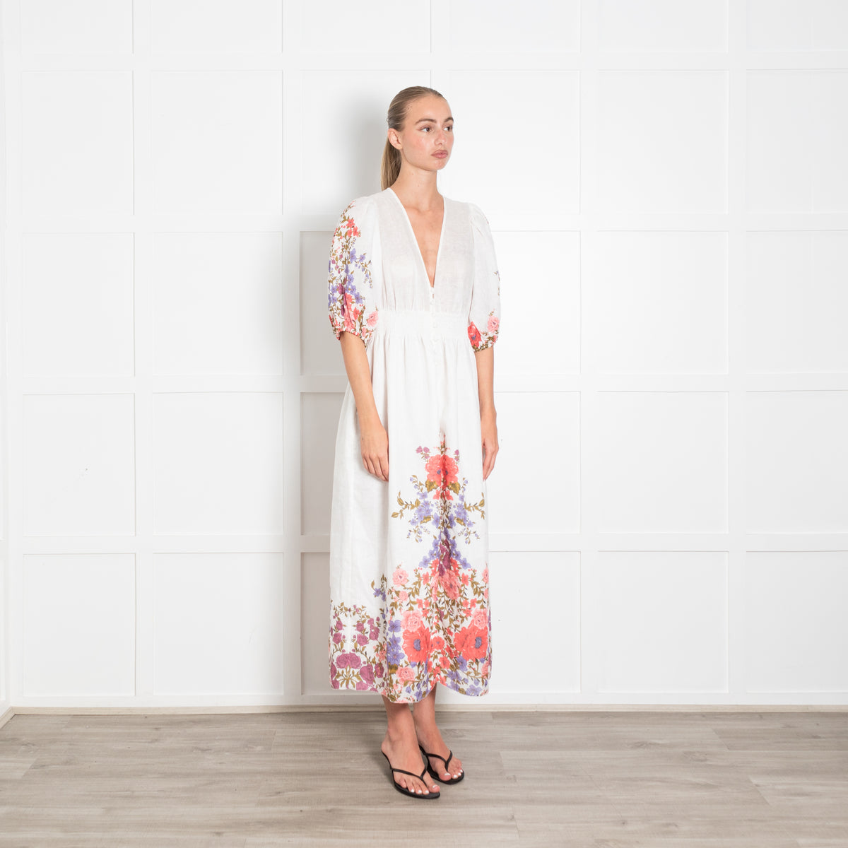 Zimmermann White Linen Midi Dress with Pink and Purple Floral Trim