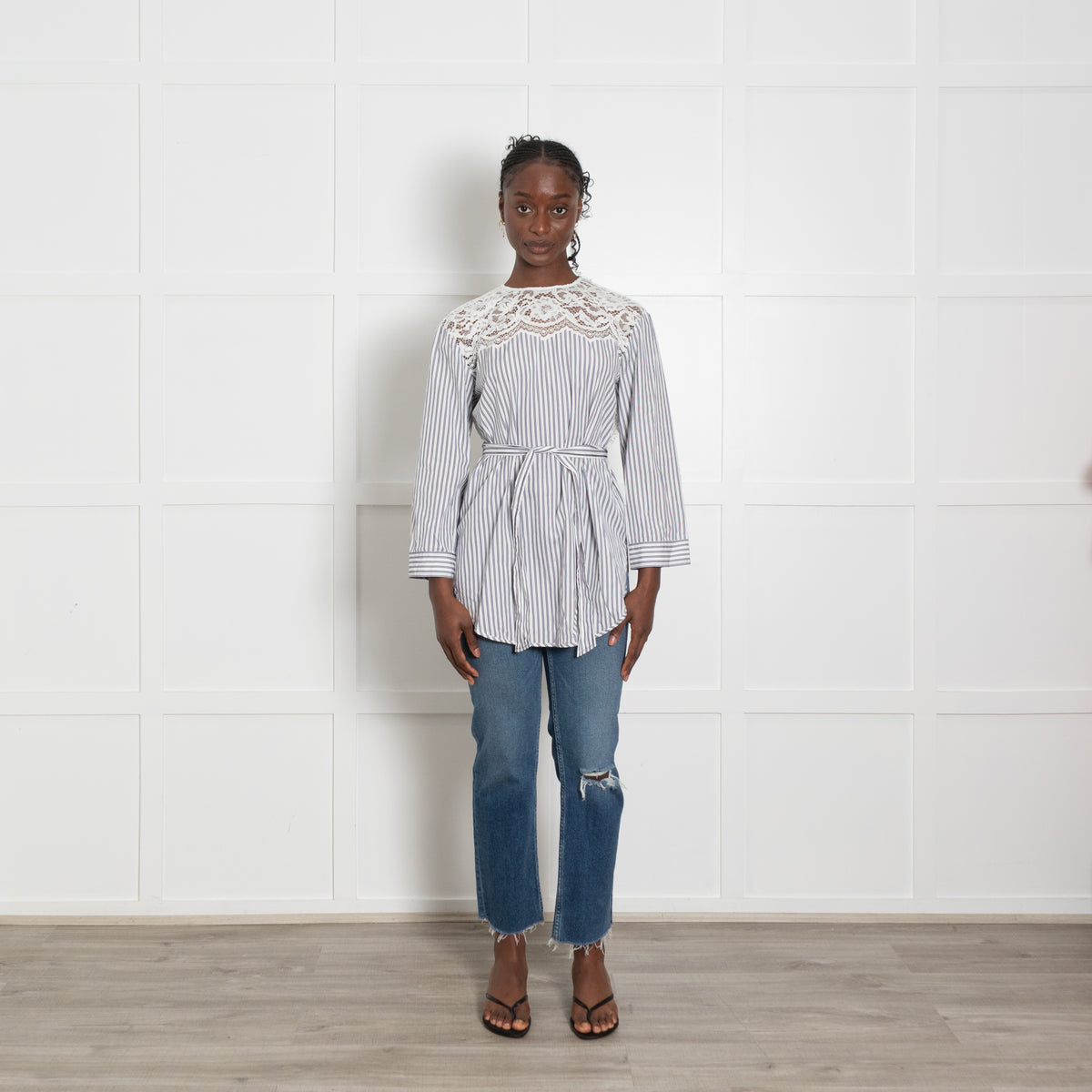 Sandro Navy Stripe Blouse with Lace Panels