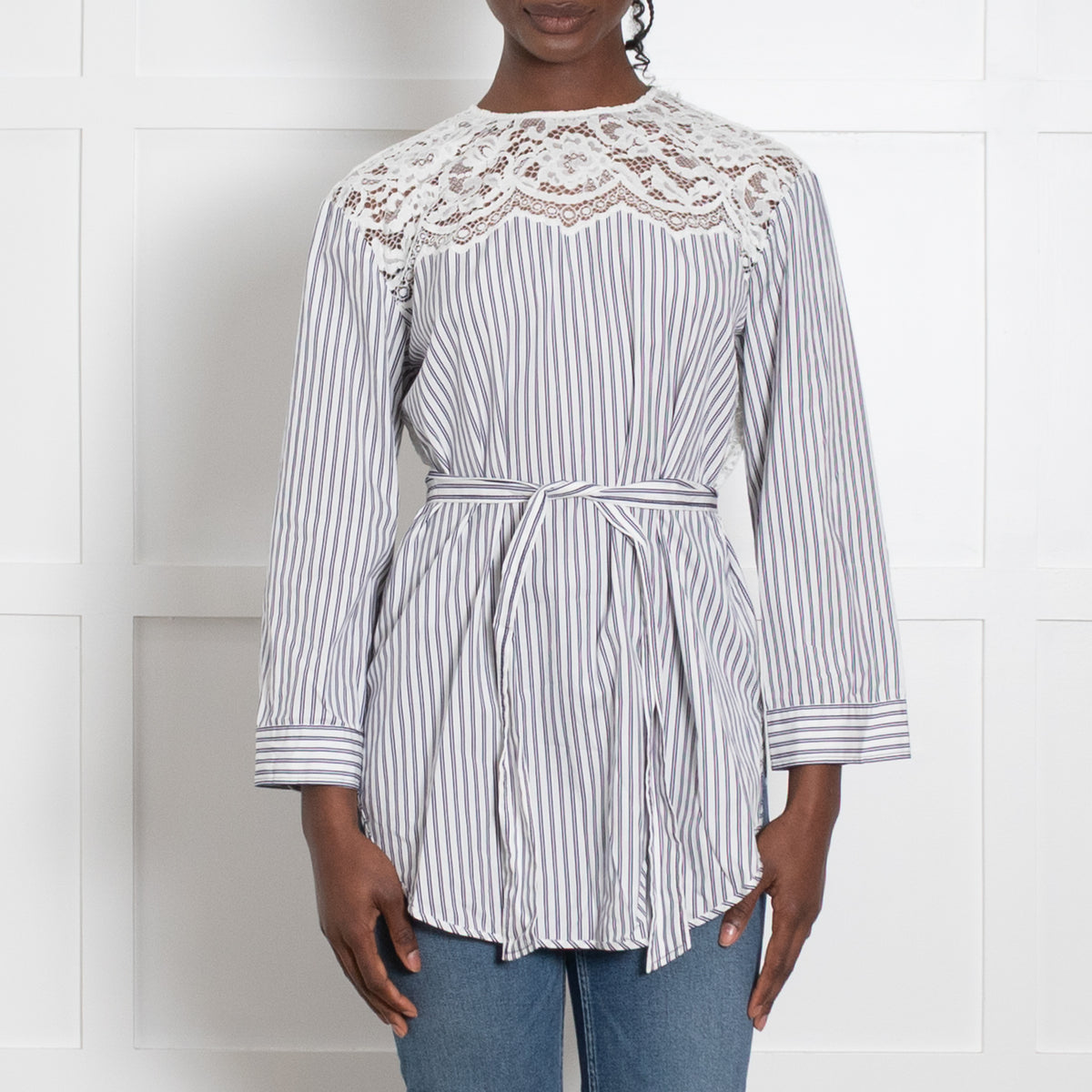 Sandro Navy Stripe Blouse with Lace Panels