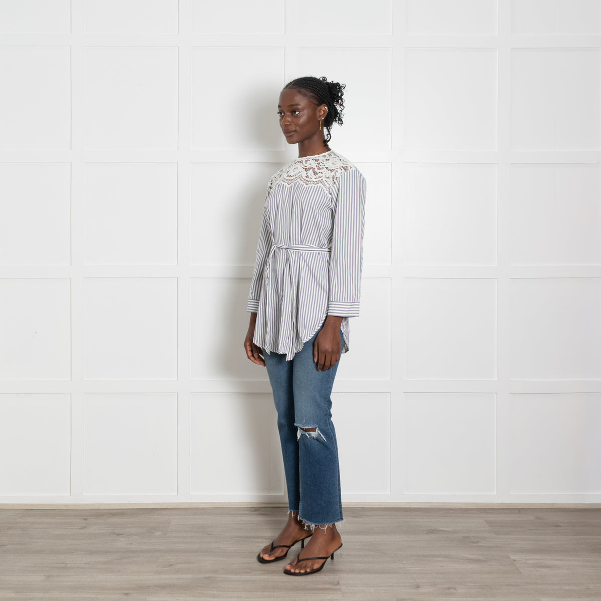 Sandro Navy Stripe Blouse with Lace Panels