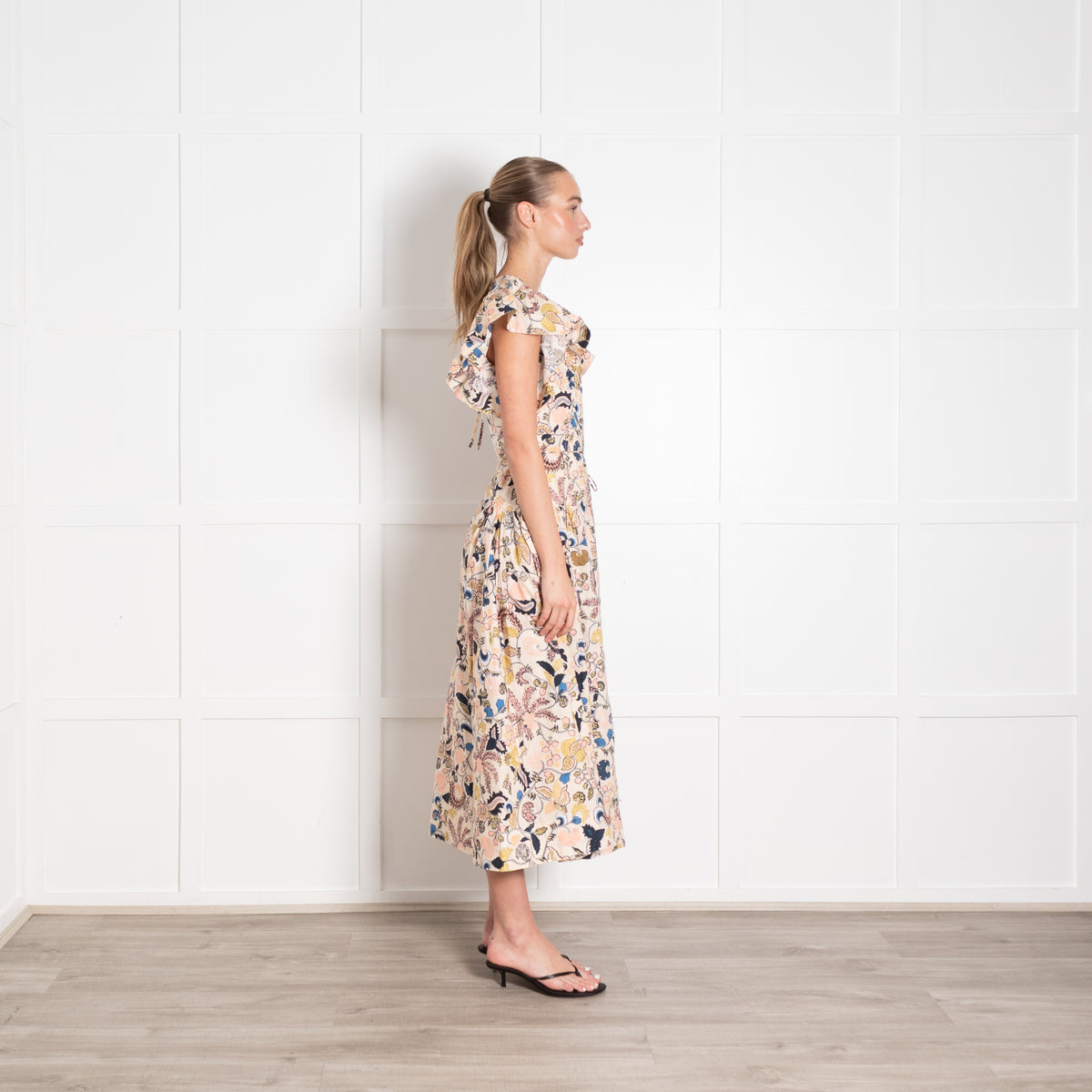 Ulla Johnson Peach Pink Blue Botanical Print Ruffle Cap Sleeve Dress