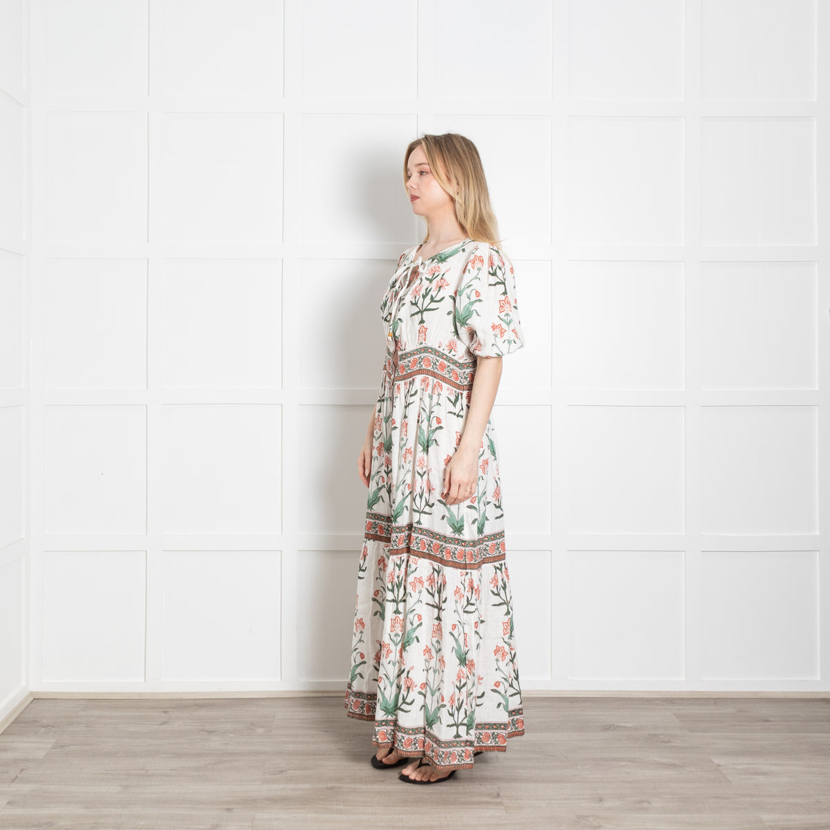 Hannah White Green Orange Floral Linen Button Up Maxi Dress
