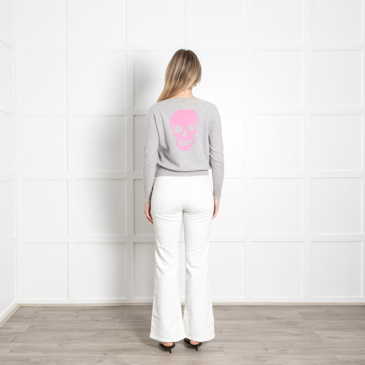 Skull Cashmere Grey Pink Skull Back Cashmere Sweater