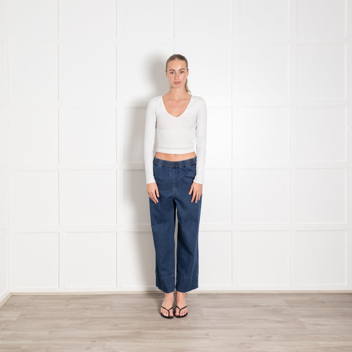 Wyse Blue Denim Elasticated Waist Wide Leg Trousers