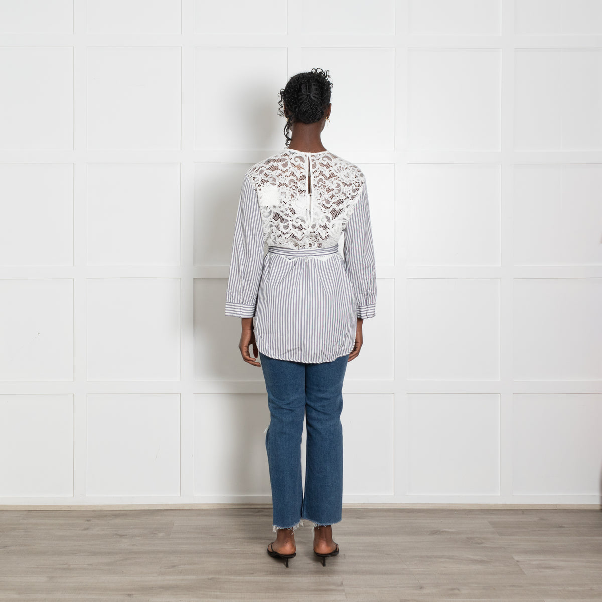 Sandro Navy Stripe Blouse with Lace Panels