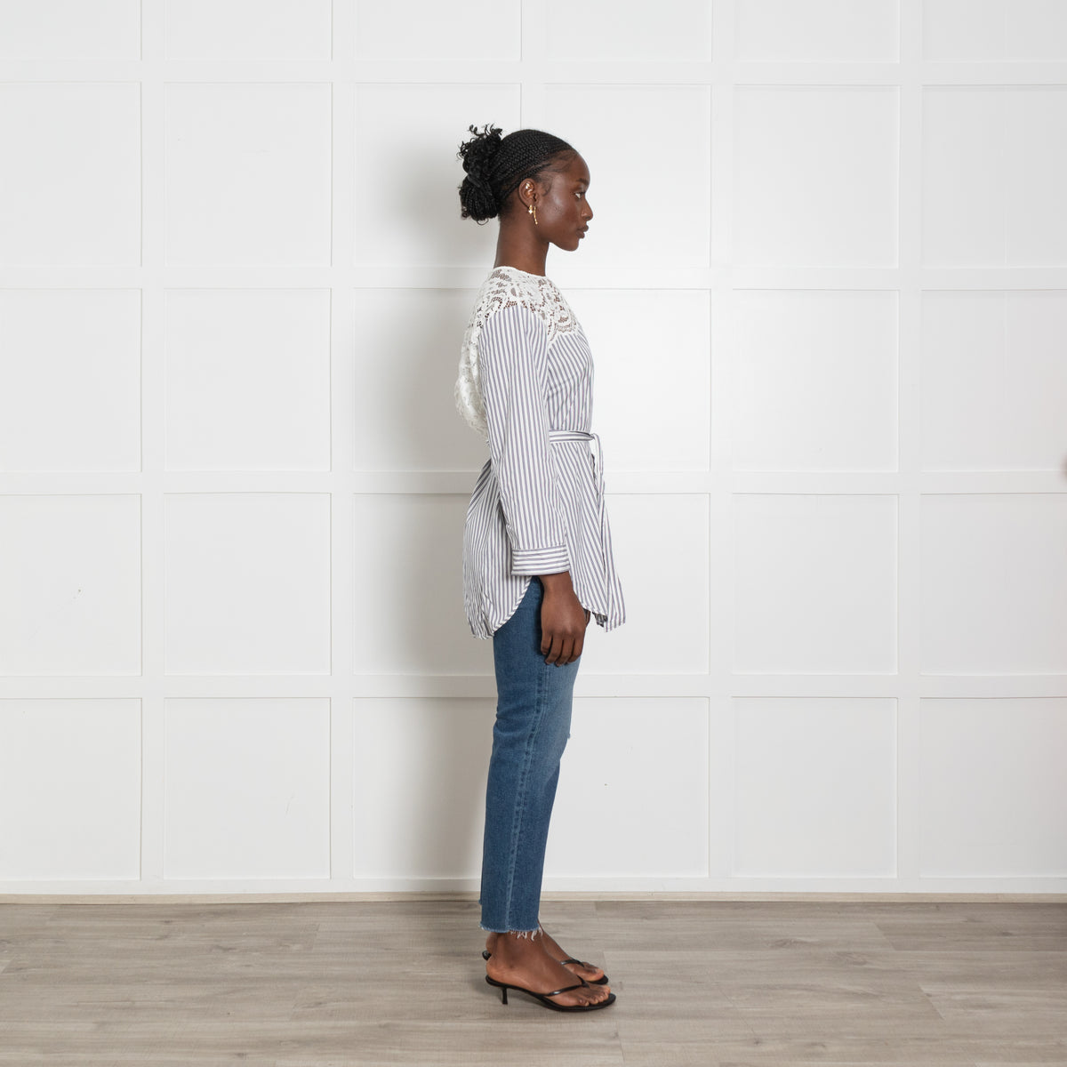 Sandro Navy Stripe Blouse with Lace Panels