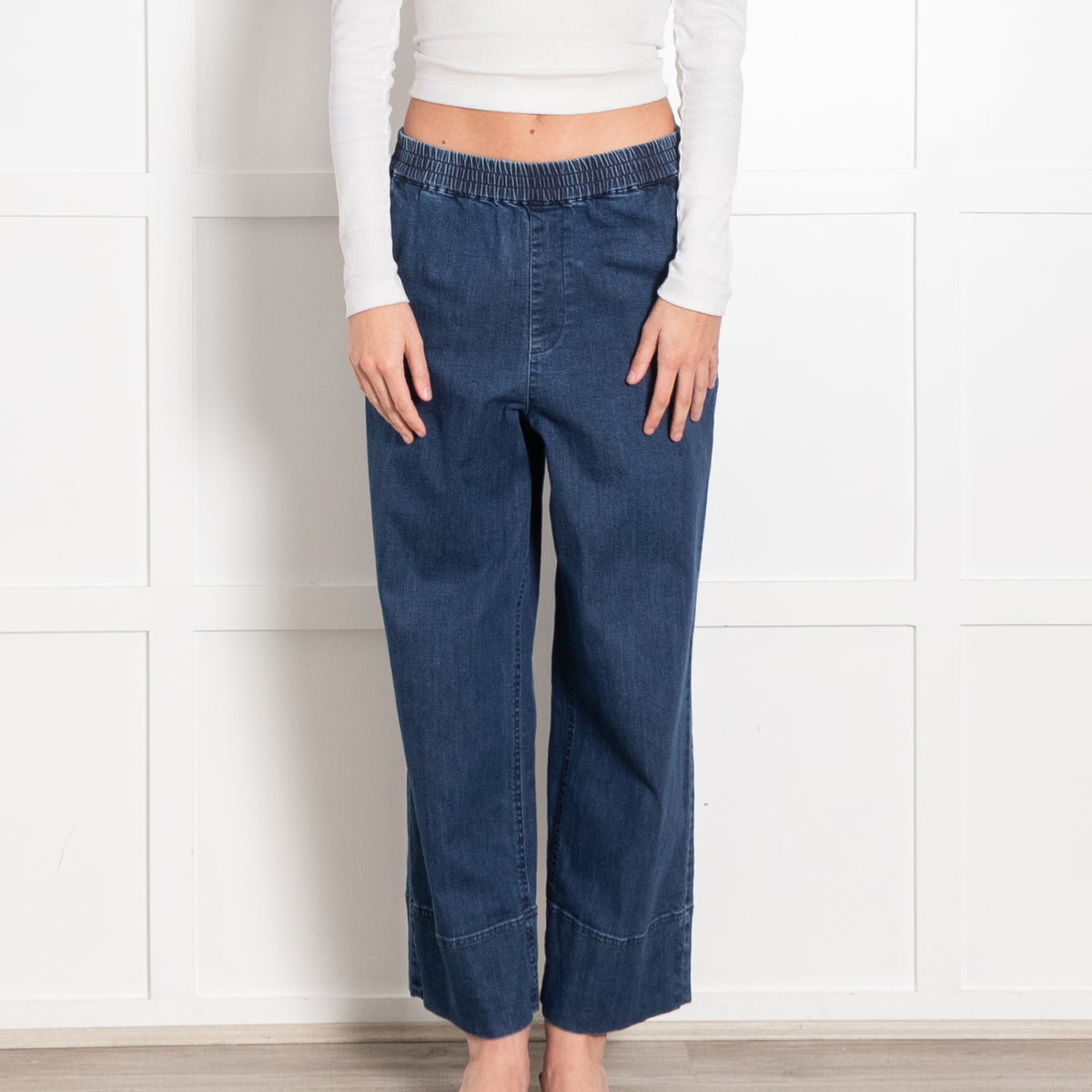 Wyse Blue Denim Elasticated Waist Wide Leg Trousers