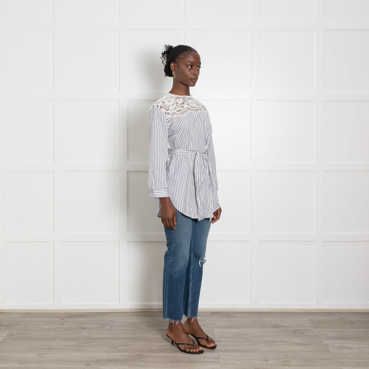 Sandro Navy Stripe Blouse with Lace Panels