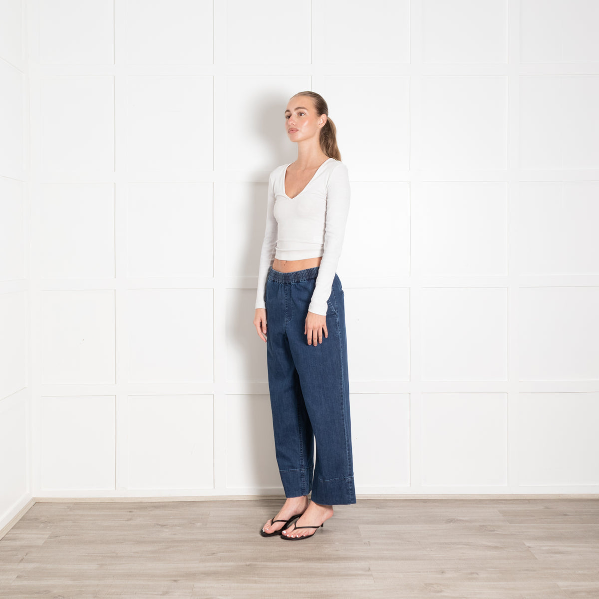 Wyse Blue Denim Elasticated Waist Wide Leg Trousers