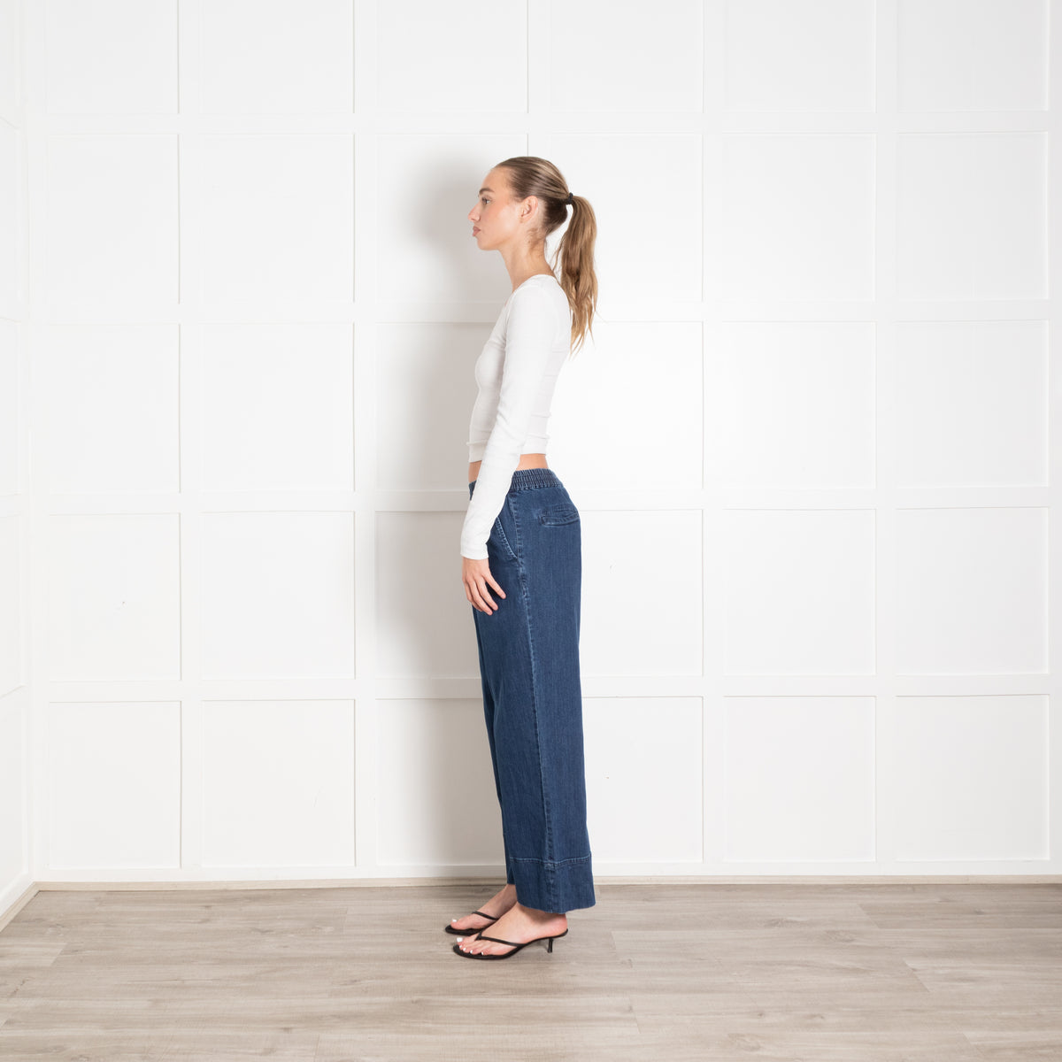 Wyse Blue Denim Elasticated Waist Wide Leg Trousers