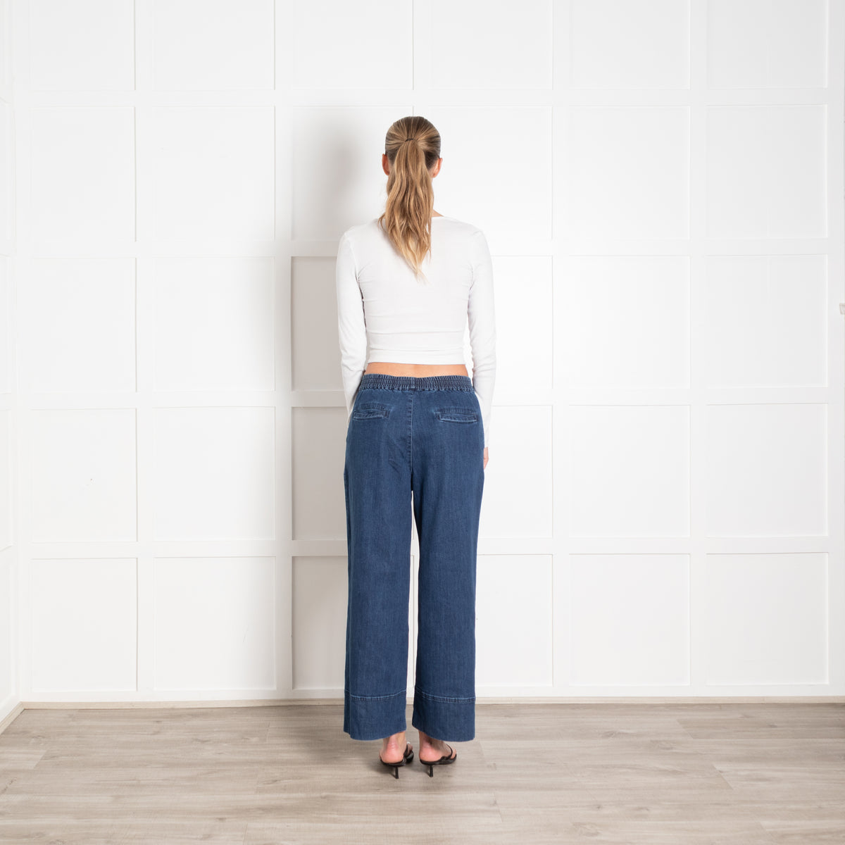 Wyse Blue Denim Elasticated Waist Wide Leg Trousers
