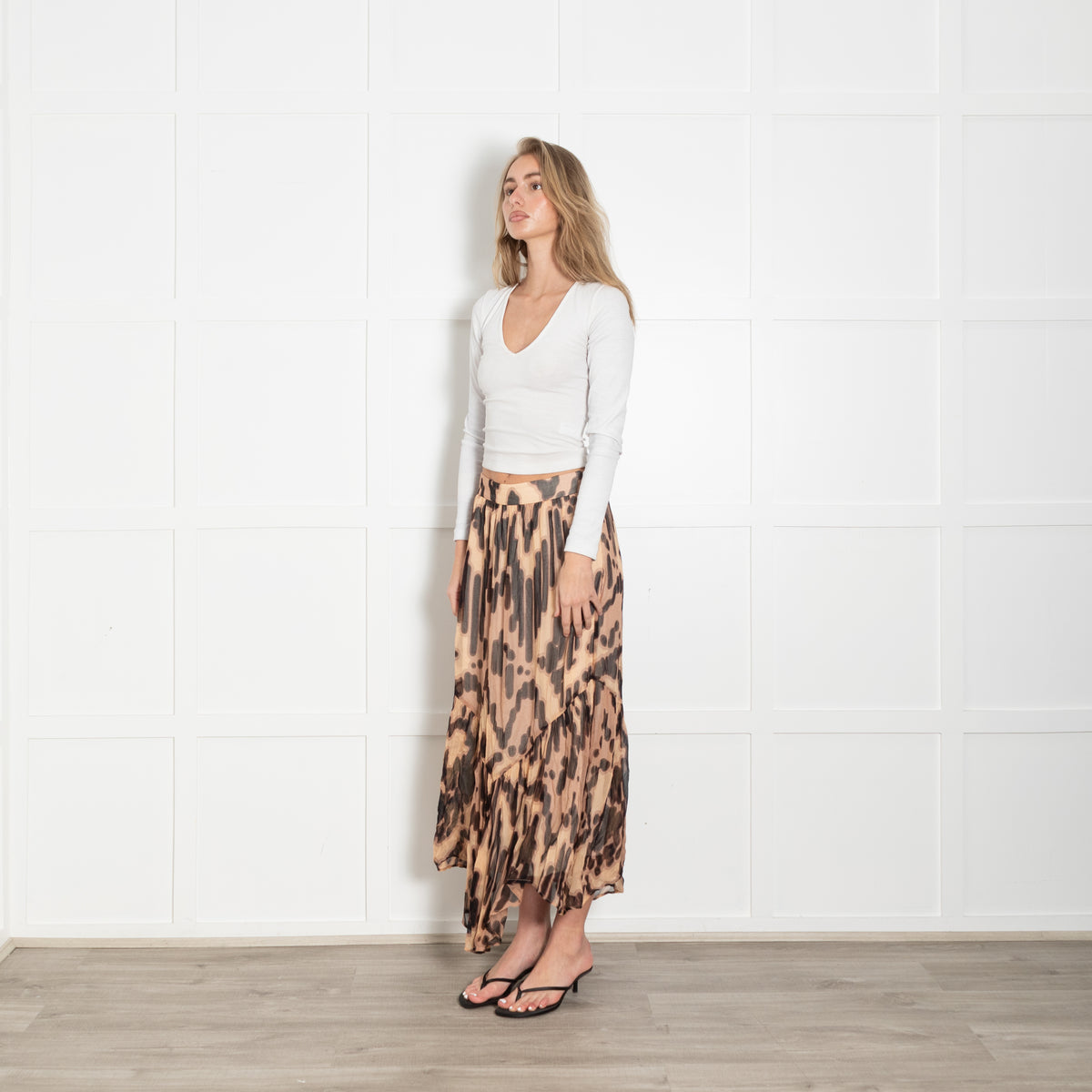 Ba&sh Leopard Pleated Sheer Midi Skirt
