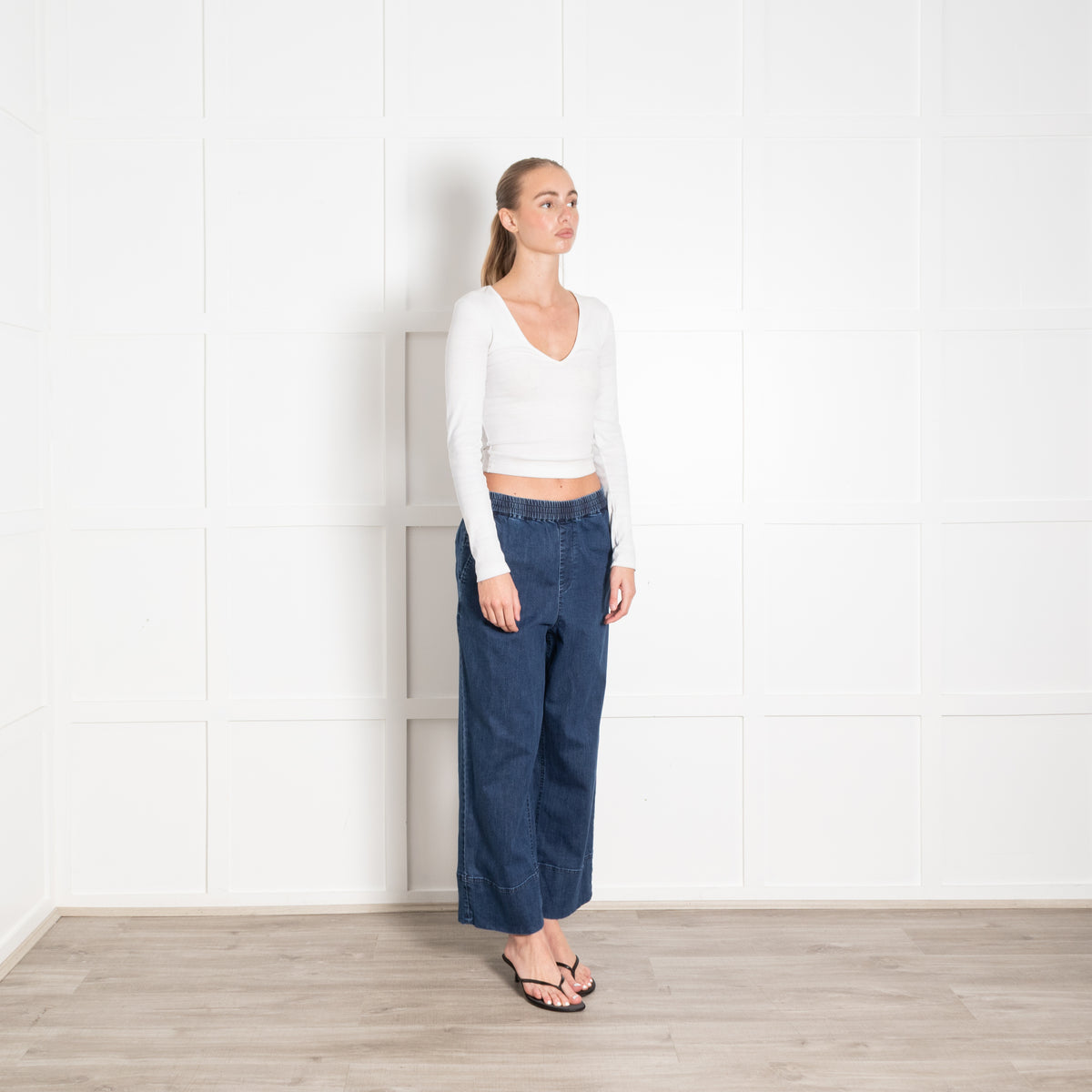 Wyse Blue Denim Elasticated Waist Wide Leg Trousers