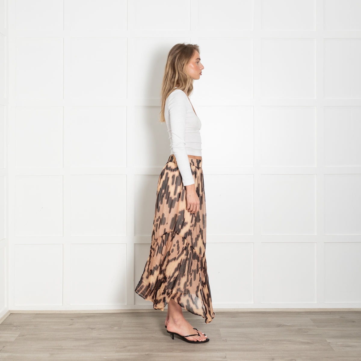 Ba&sh Leopard Pleated Sheer Midi Skirt