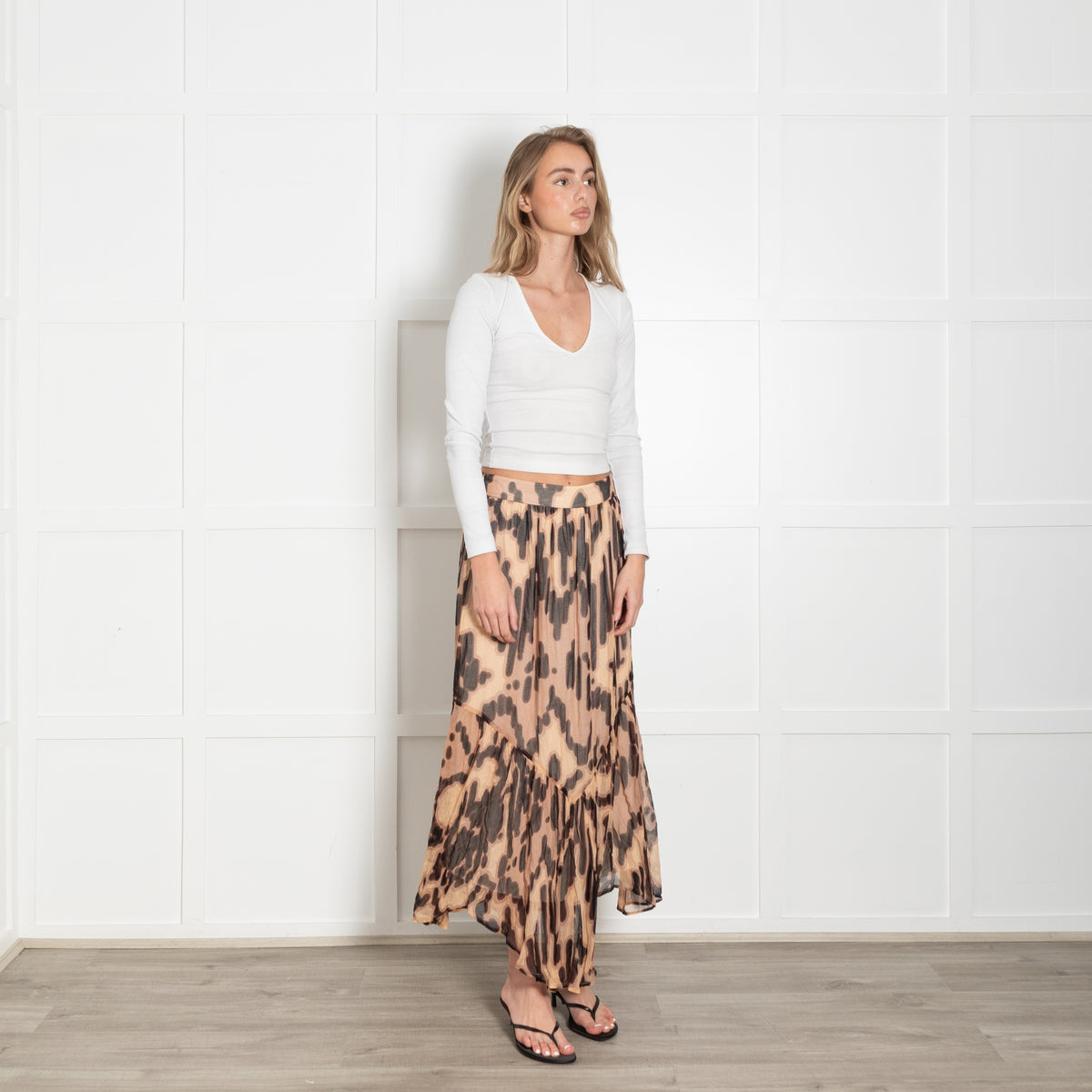 Ba&sh Leopard Pleated Sheer Midi Skirt