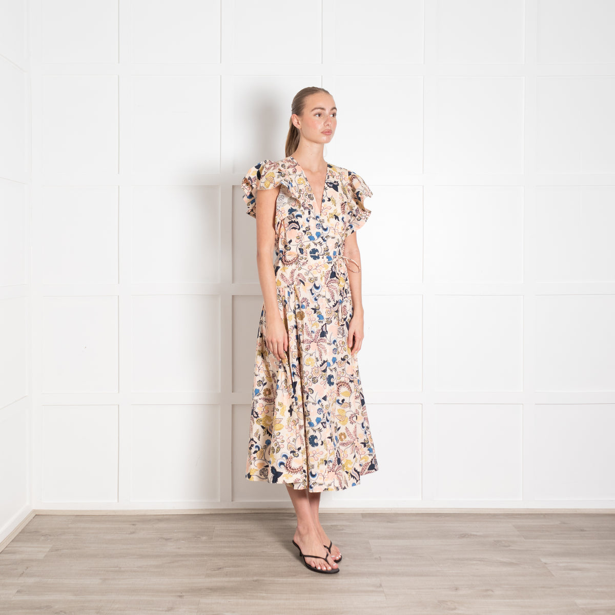 Ulla Johnson Peach Pink Blue Floral Print Cap Sleeved V Neck Dress