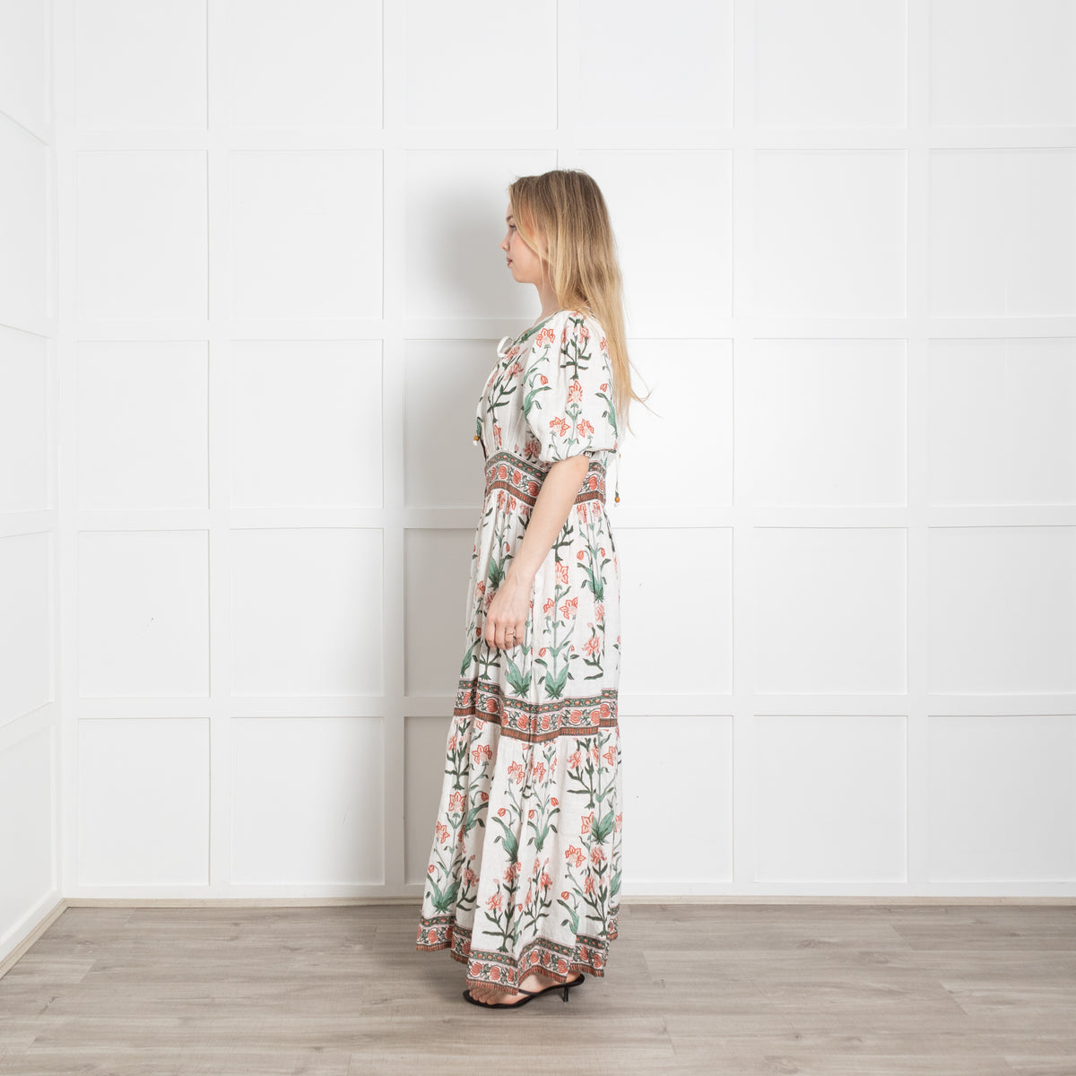Hannah White Green Orange Floral Linen Button Up Maxi Dress