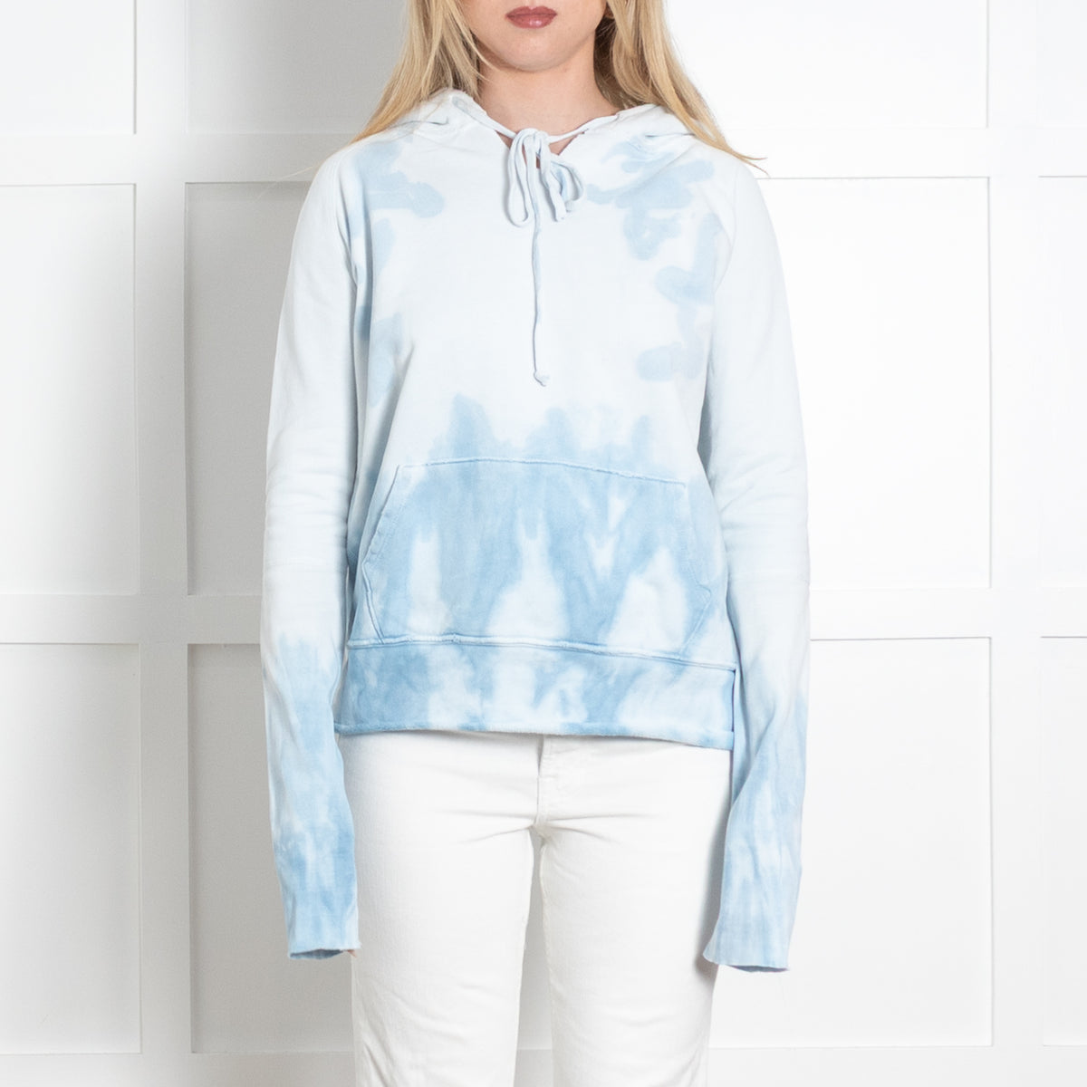 Nili Lotan White Blue Tie Dye Hooded Distressed Sweatshirt