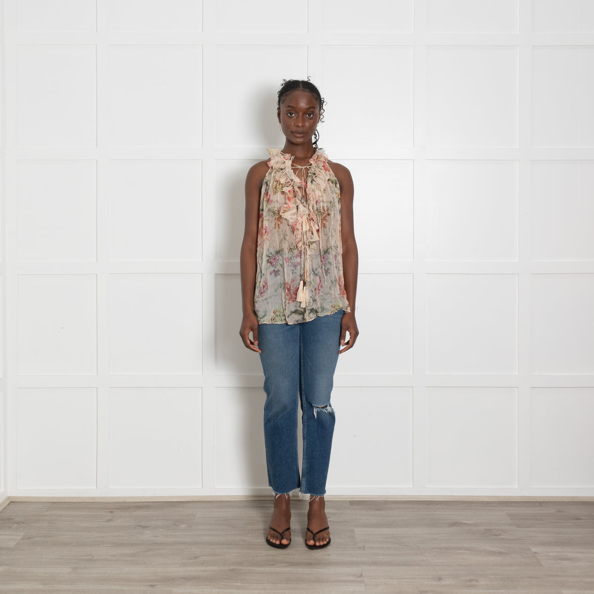 Zimmermann Peach Floral Frill Detail Tie Front Top