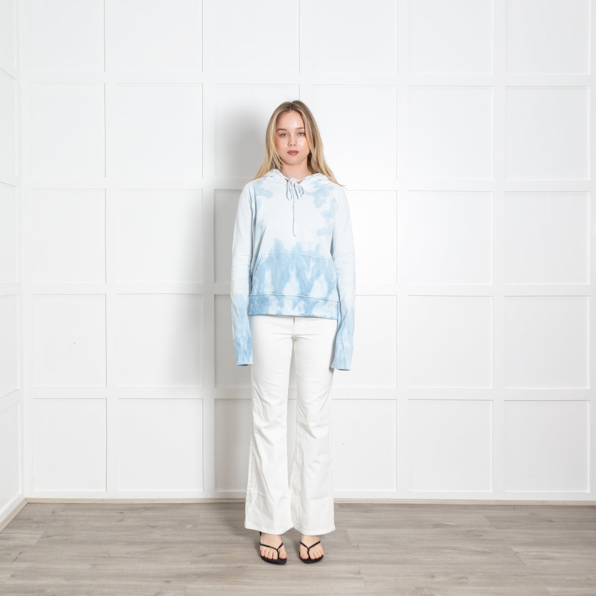 Nili Lotan White Blue Tie Dye Hooded Distressed Sweatshirt