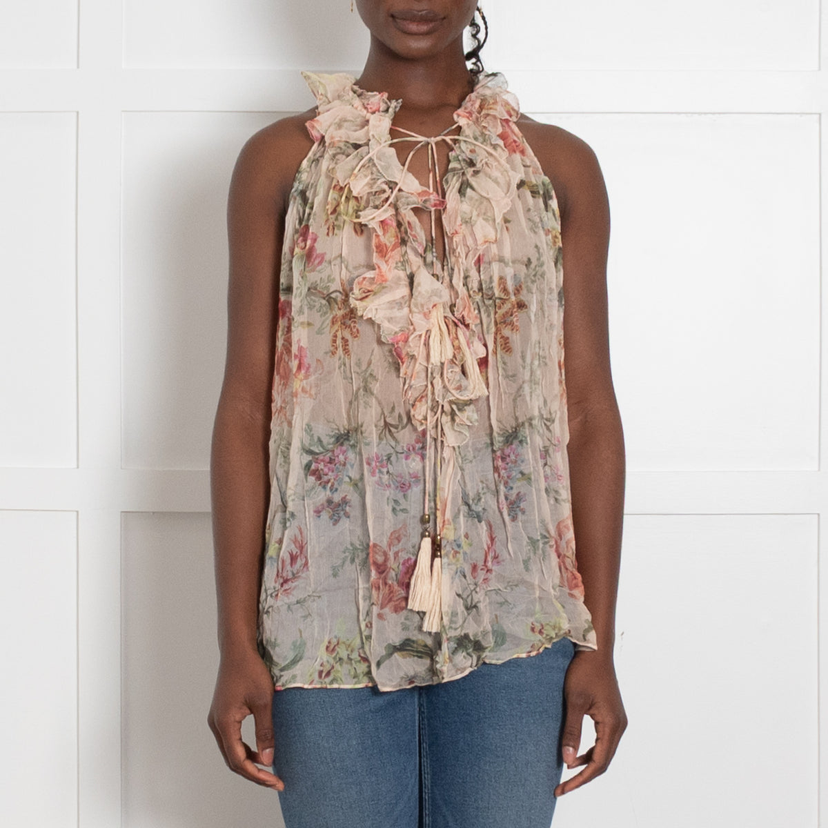 Zimmermann Peach Floral Frill Detail Tie Front Top