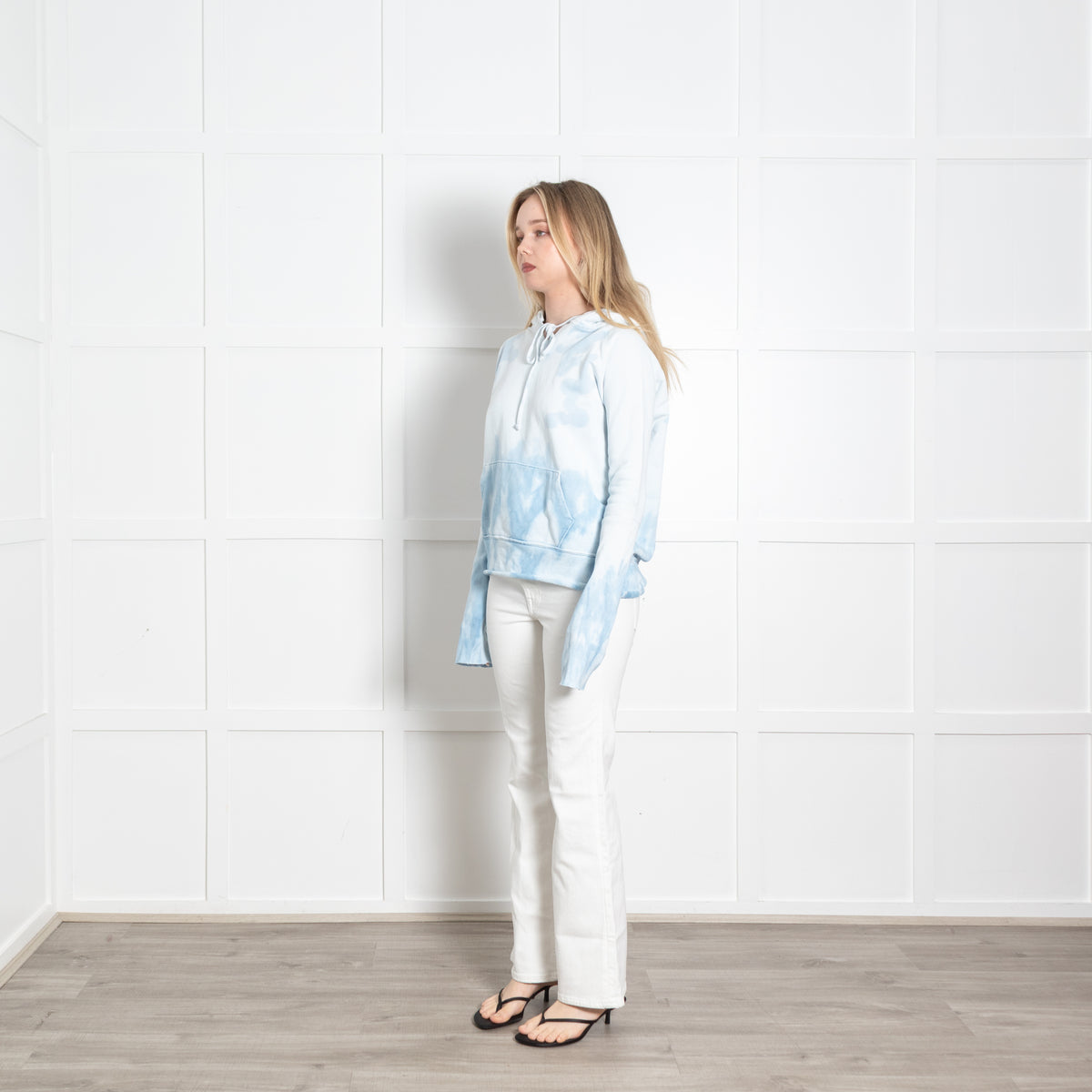 Nili Lotan White Blue Tie Dye Hooded Distressed Sweatshirt