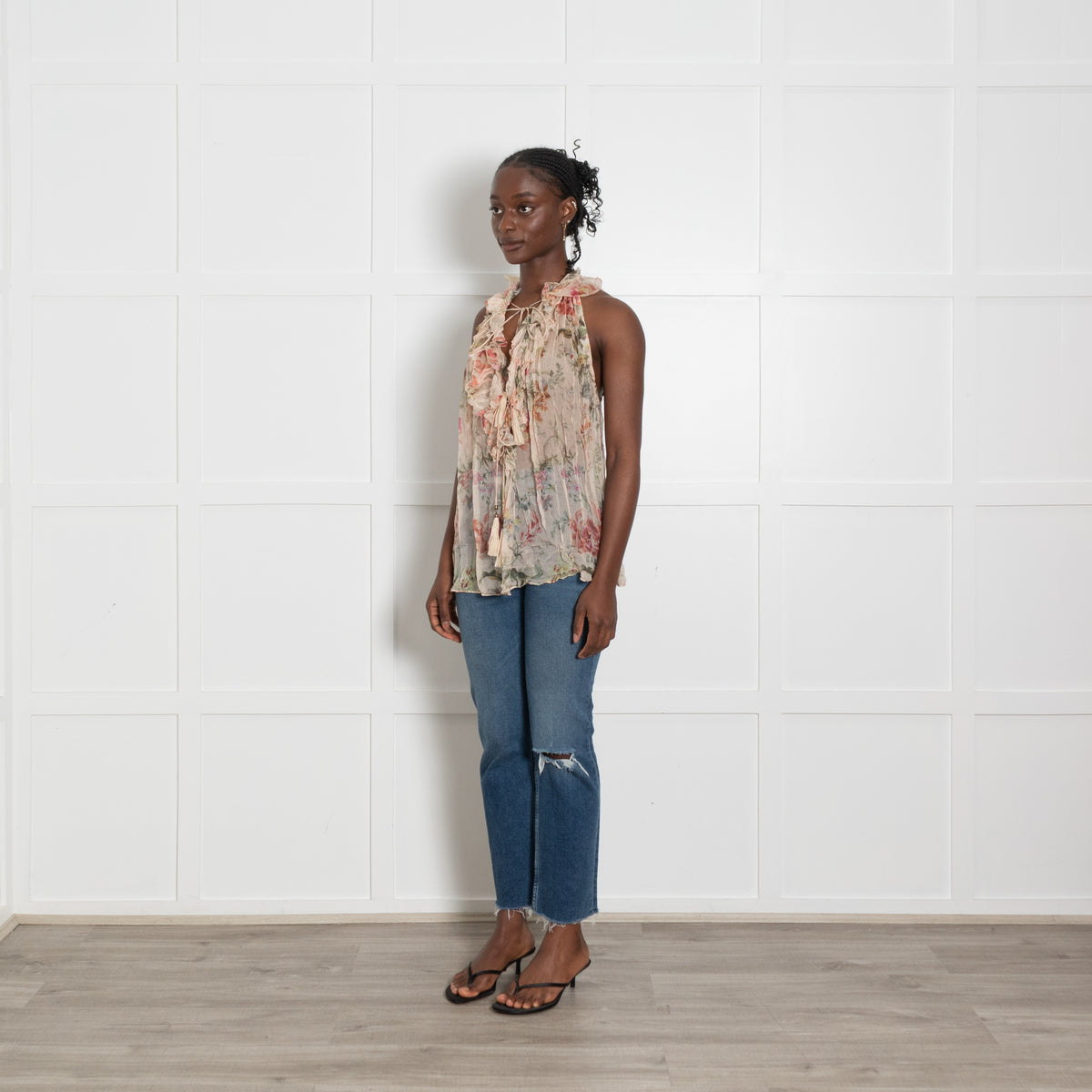 Zimmermann Peach Floral Frill Detail Tie Front Top