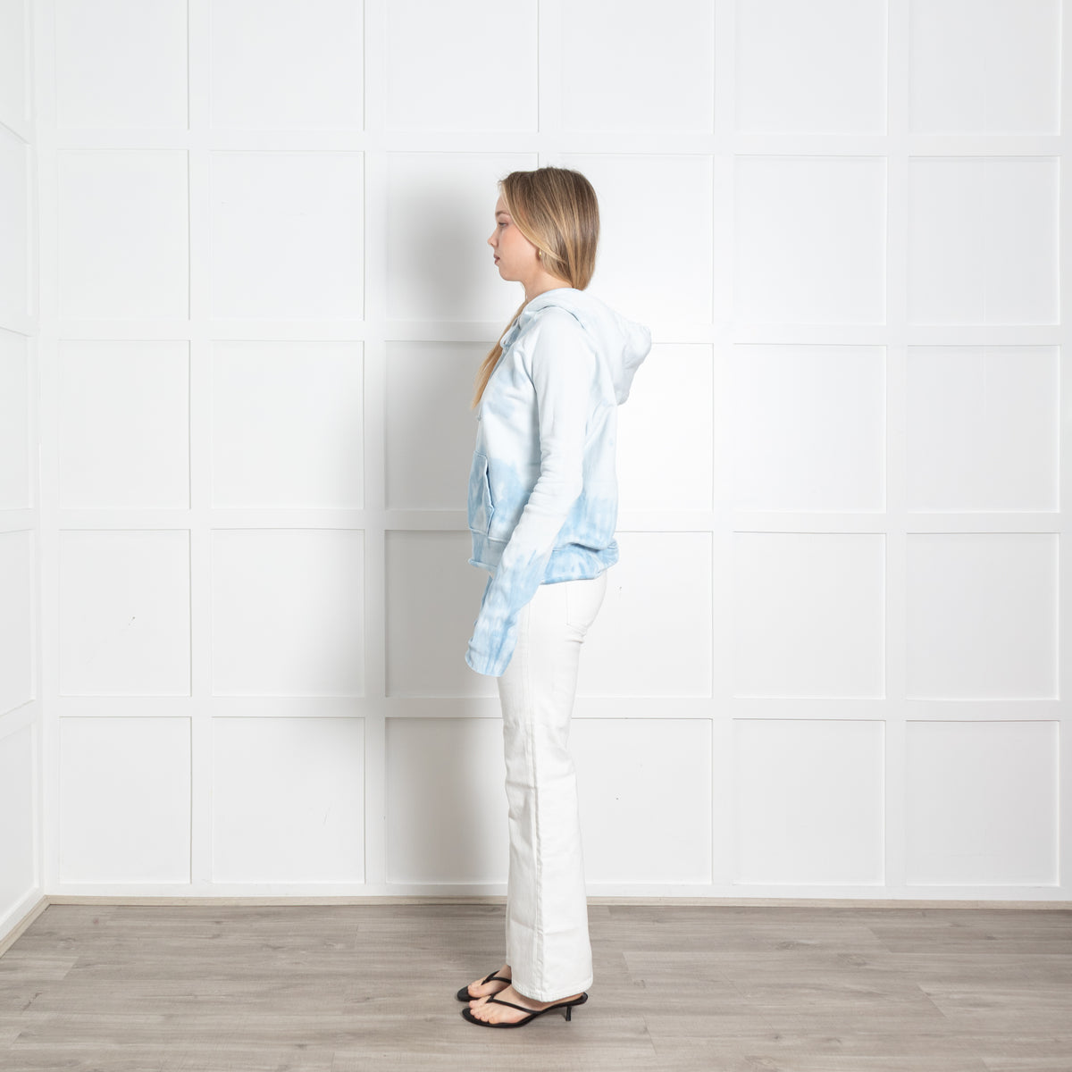 Nili Lotan White Blue Tie Dye Hooded Distressed Sweatshirt