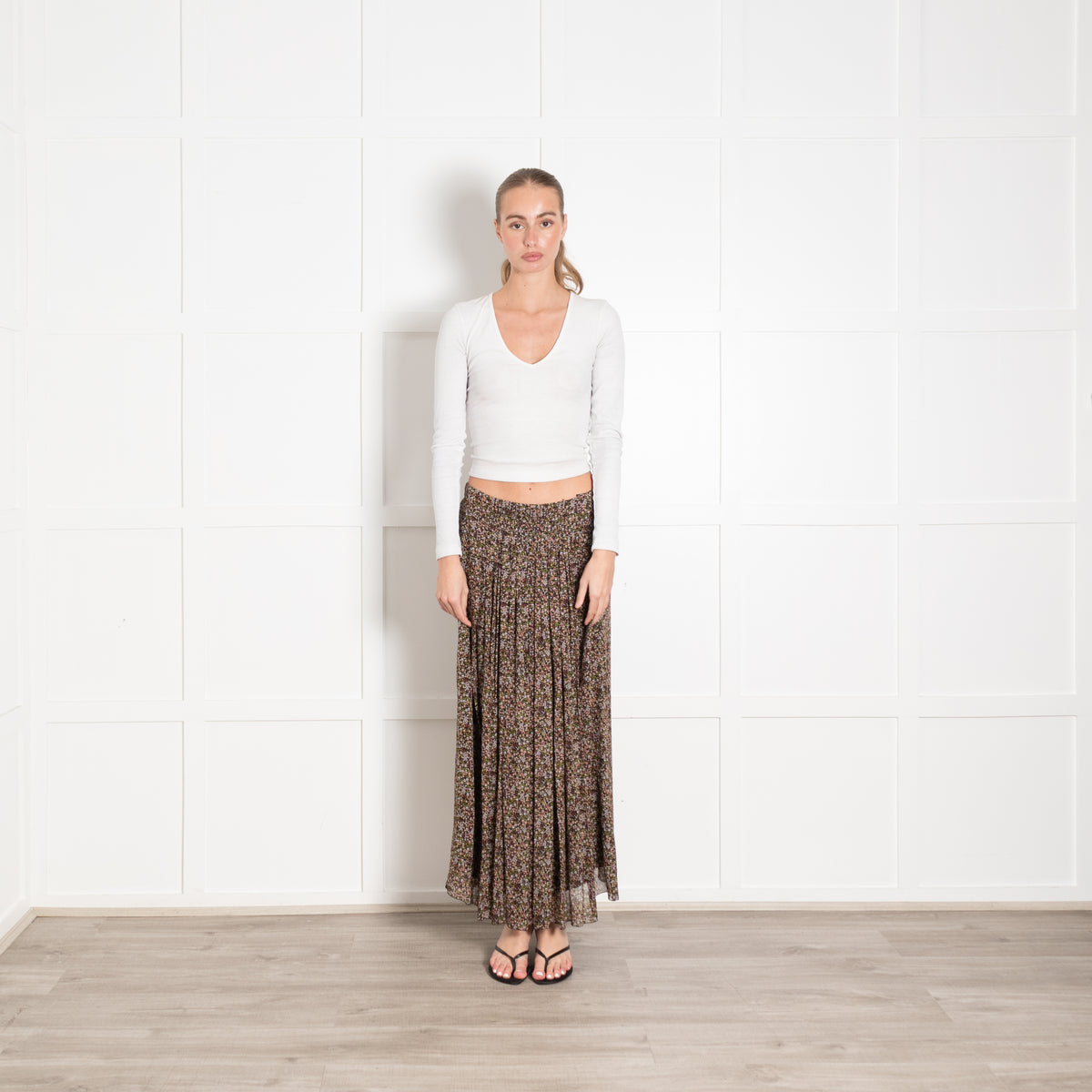 Luisa Cerano Black Green Ditzy Flower Print Midi Skirt