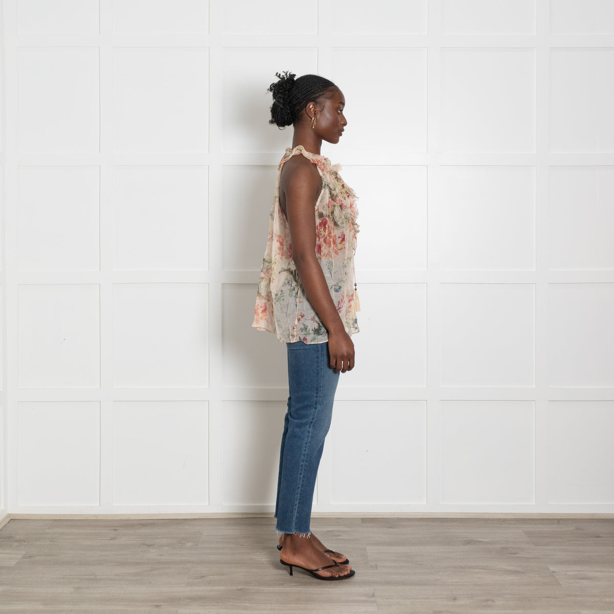 Zimmermann Peach Floral Frill Detail Tie Front Top