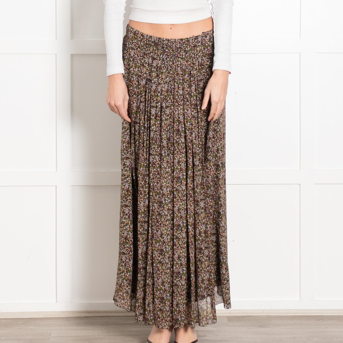Luisa Cerano Black Green Ditzy Flower Print Midi Skirt
