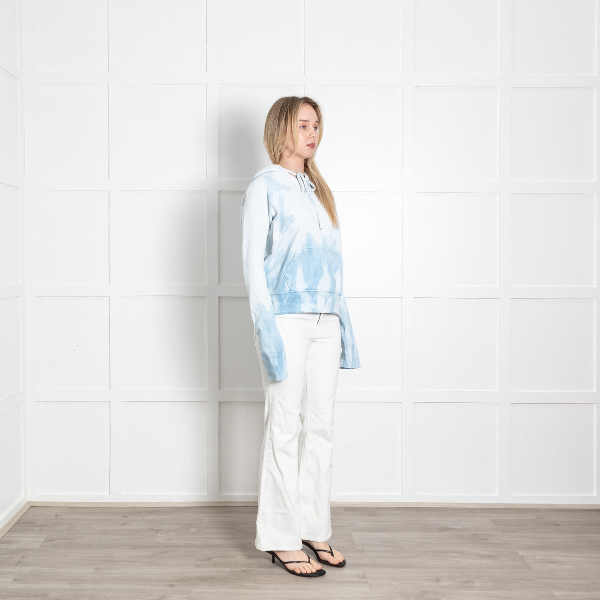 Nili Lotan White Blue Tie Dye Hooded Distressed Sweatshirt