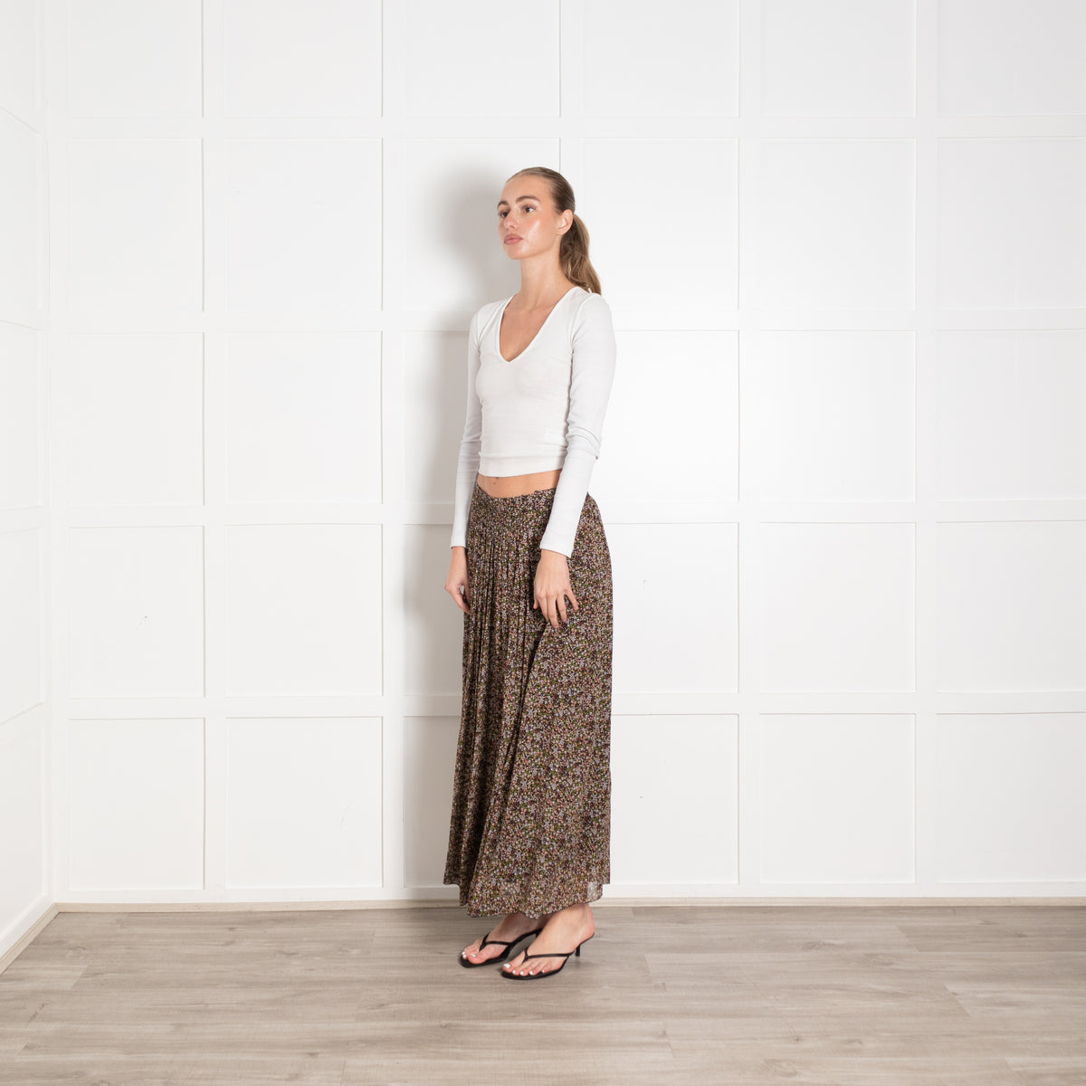 Luisa Cerano Black Green Ditzy Flower Print Midi Skirt