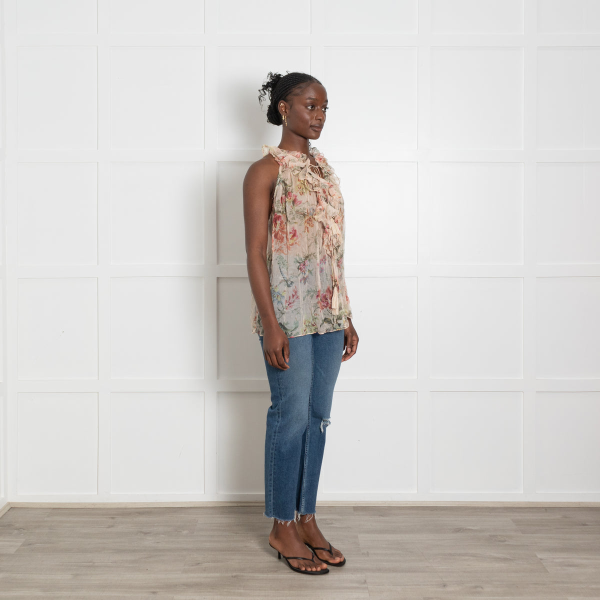 Zimmermann Peach Floral Frill Detail Tie Front Top