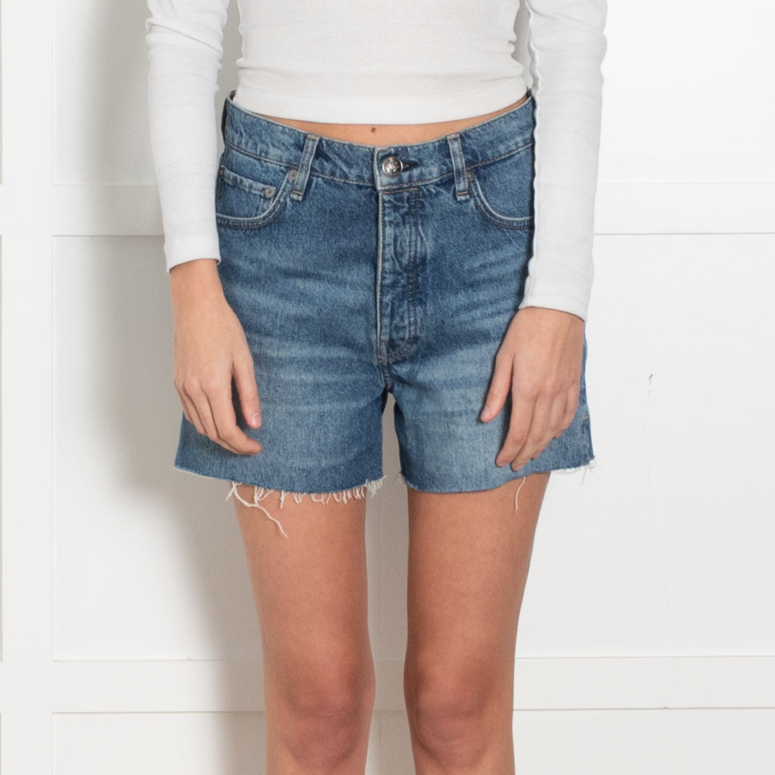 Rag & Bone Mid Blue Raw Hem Denim Shorts