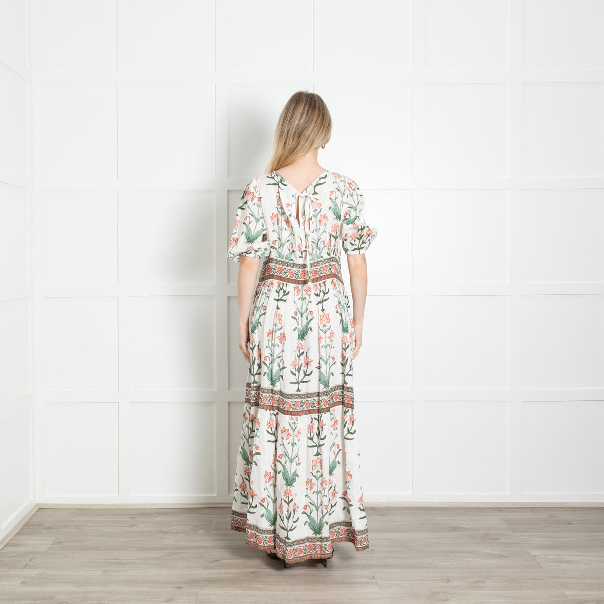 Hannah White Green Orange Floral Linen Button Up Maxi Dress
