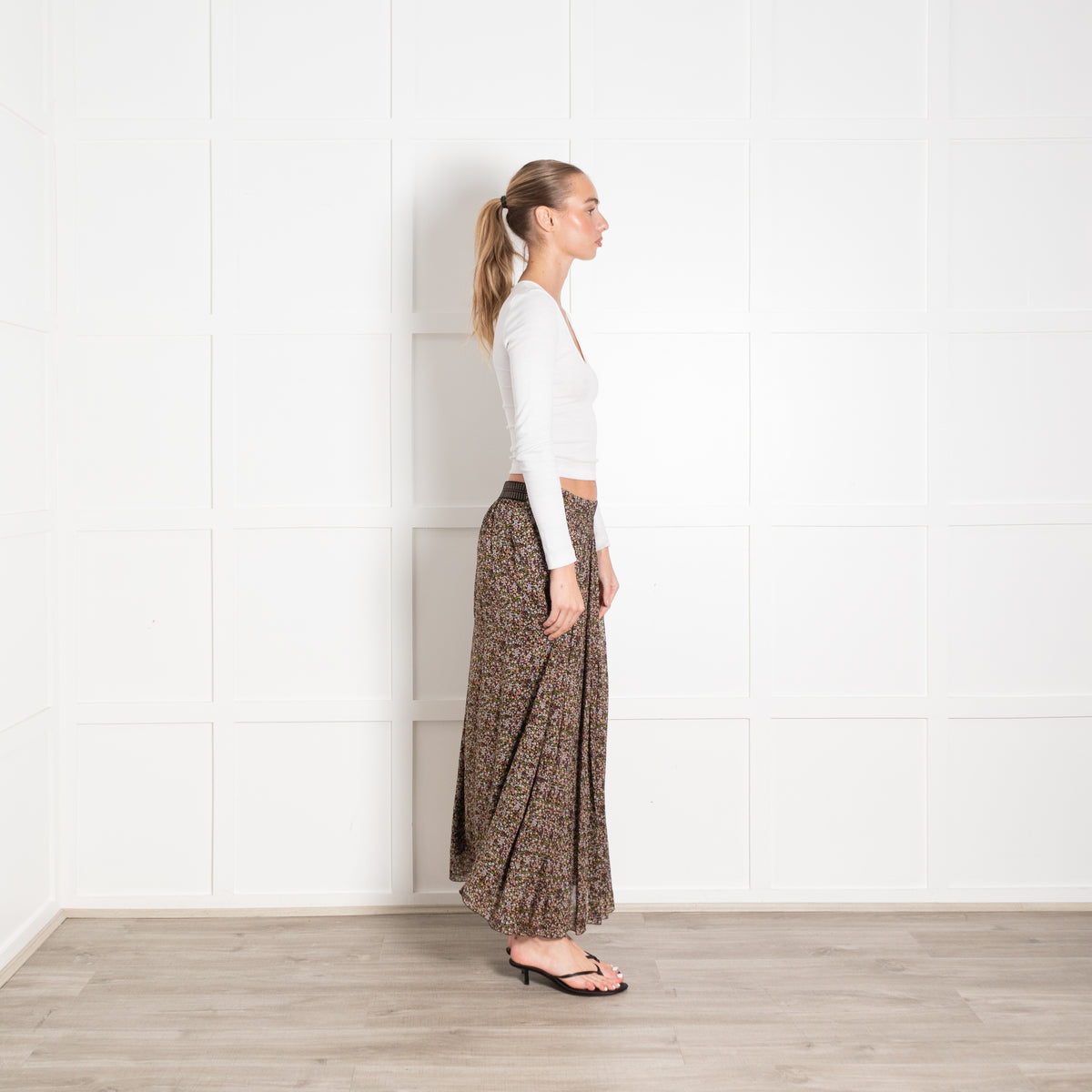 Luisa Cerano Black Green Ditzy Flower Print Midi Skirt