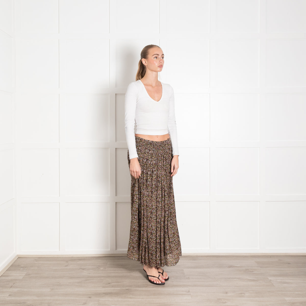 Luisa Cerano Black Green Ditzy Flower Print Midi Skirt