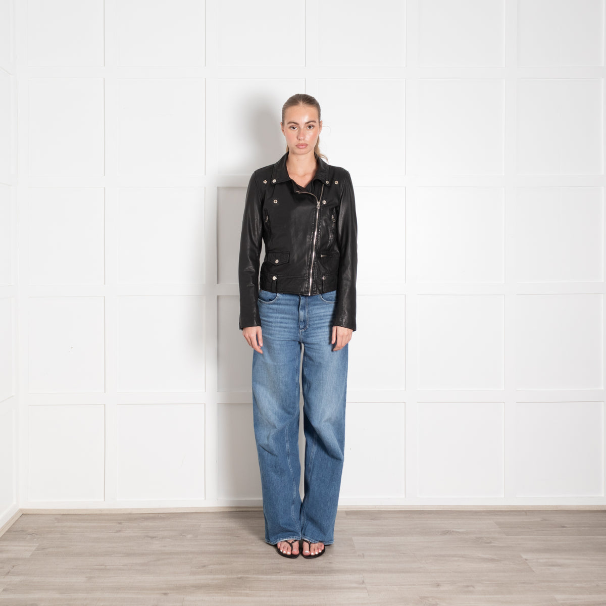 Munderingskompagniet Black Leather Khaki Satin Lined Biker Jacket