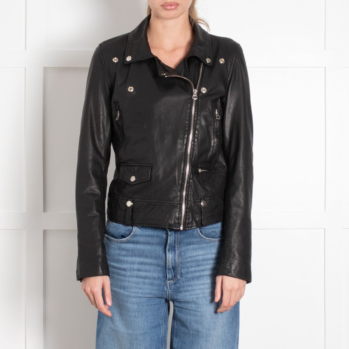 Munderingskompagniet Black Leather Khaki Satin Lined Biker Jacket