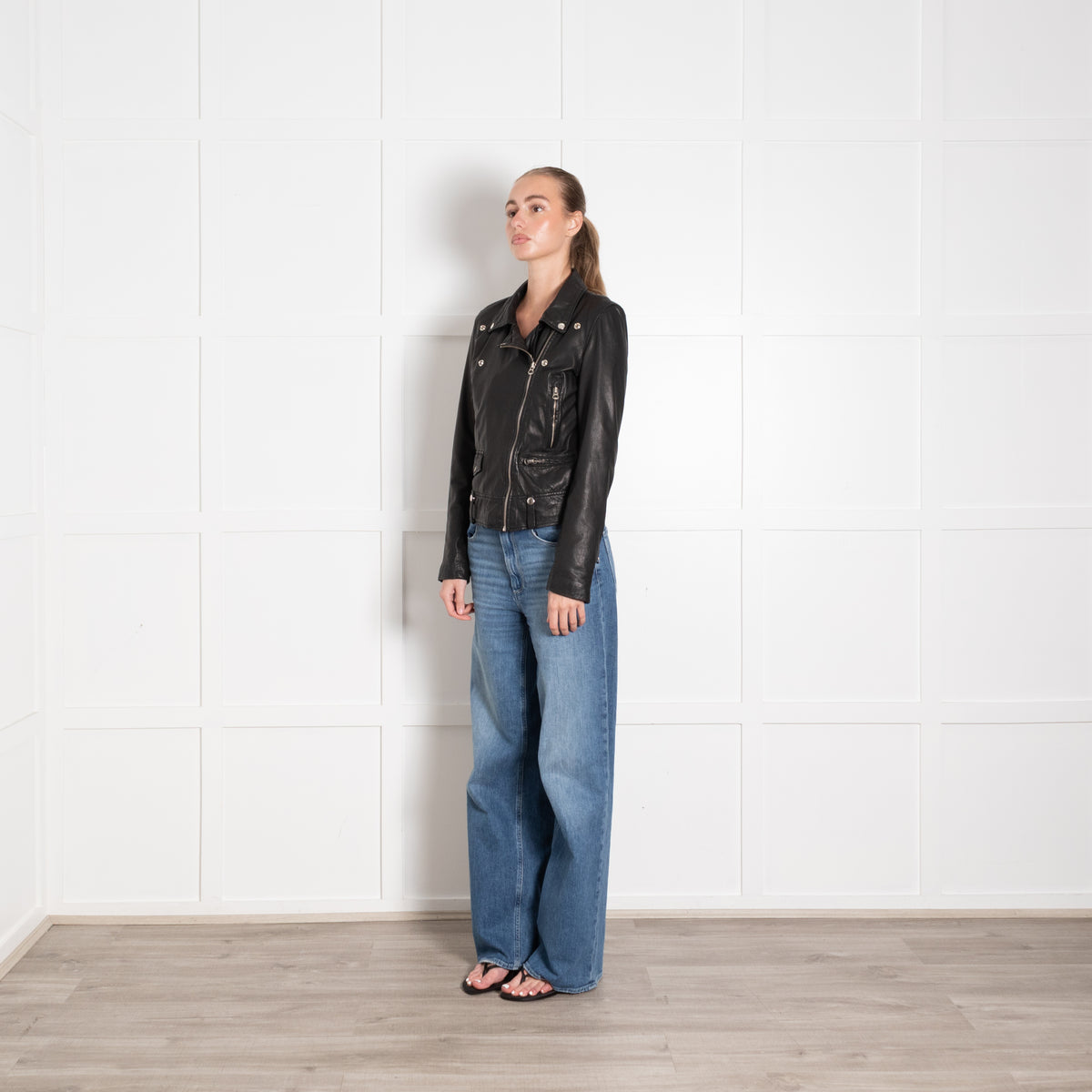 Munderingskompagniet Black Leather Khaki Satin Lined Biker Jacket