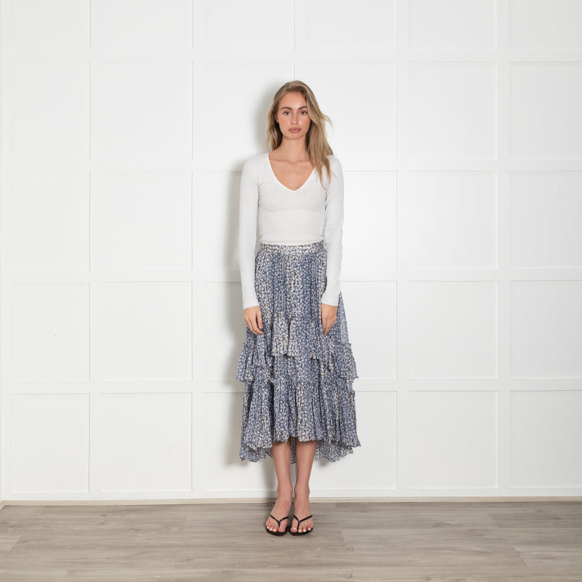 Ulla Johnson Blue Floral Metallic Tiered Maxi Skirt