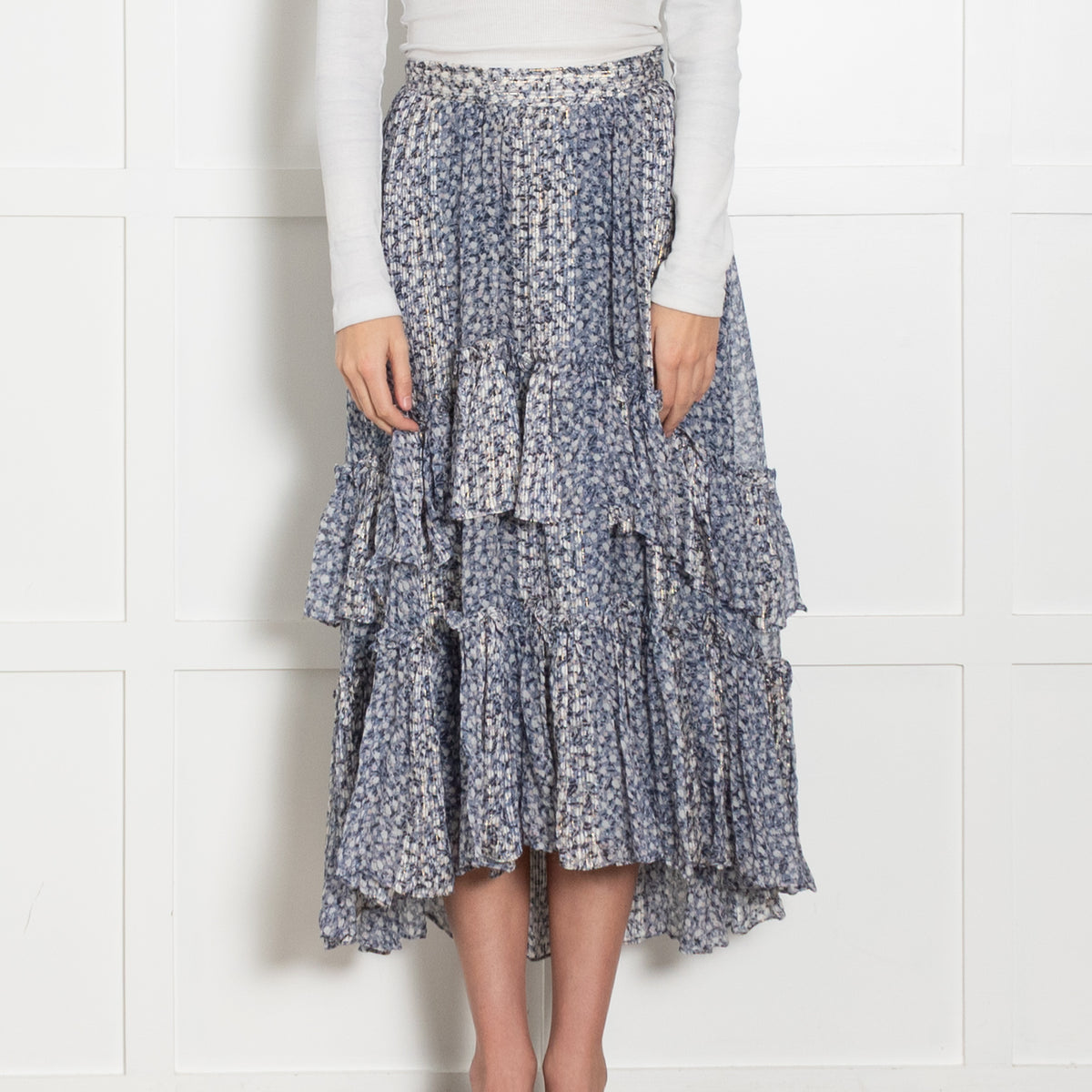 Ulla Johnson Blue Floral Metallic Tiered Maxi Skirt
