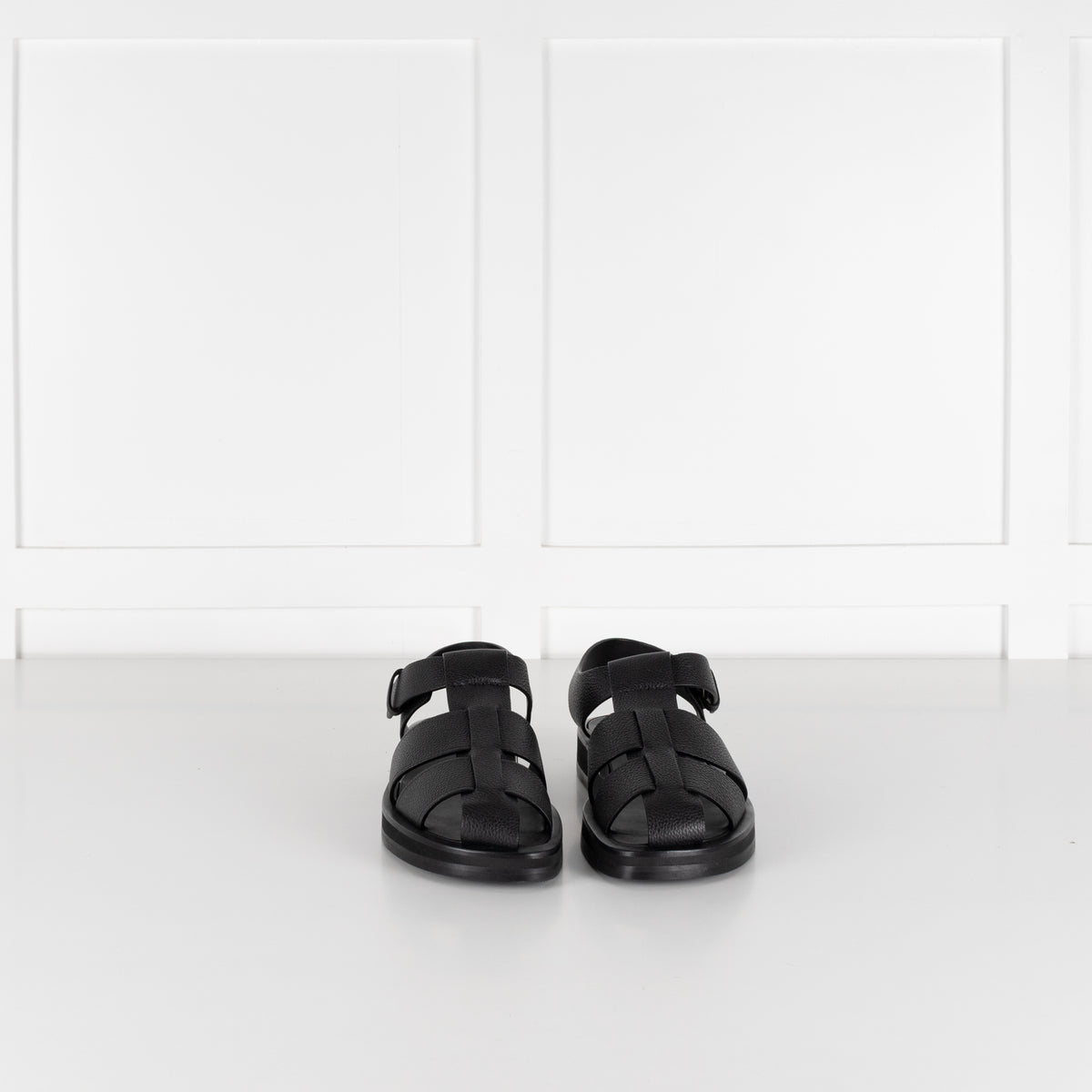 The Row Black Grain Leather Fisherman Flat Sandal