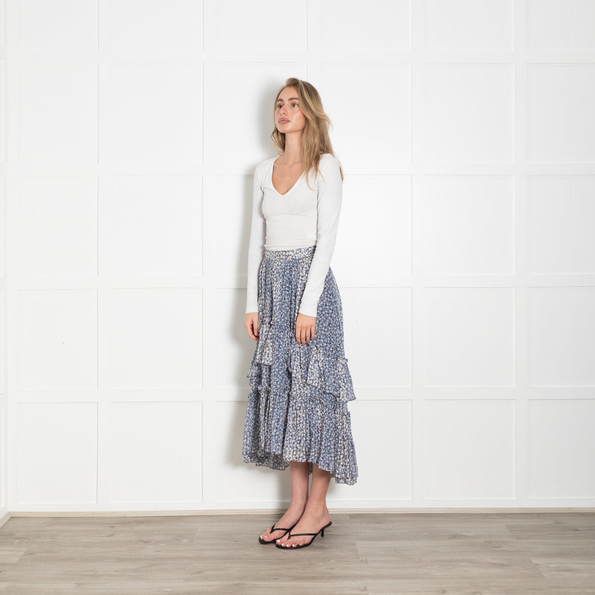 Ulla Johnson Blue Floral Metallic Tiered Maxi Skirt