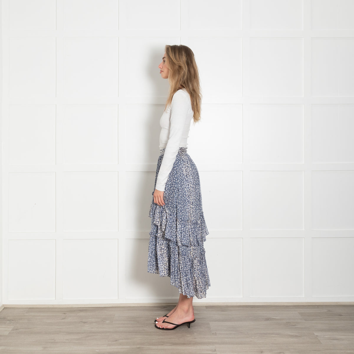 Ulla Johnson Blue Floral Metallic Tiered Maxi Skirt
