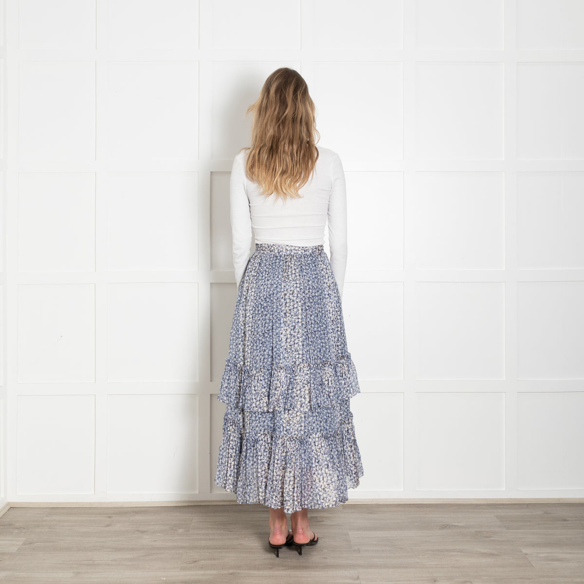 Ulla Johnson Blue Floral Metallic Tiered Maxi Skirt