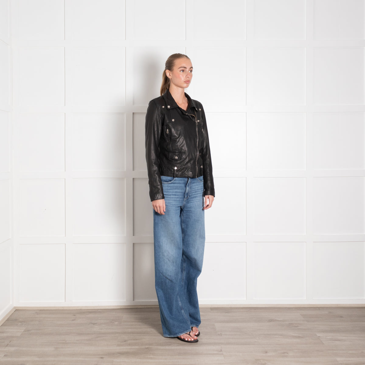 Munderingskompagniet Black Leather Khaki Satin Lined Biker Jacket